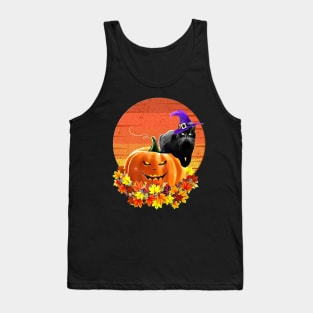 Black cat with witch hat, catoween halloween, jack pumpkin, spooky moon Tank Top